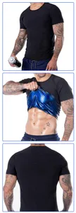 Vista detallada de camisa de sauna de fitness para hombre con manga corta negra y azul.