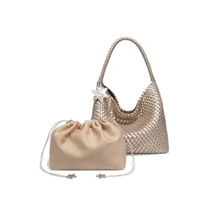 Borsa Hobo intrecciata dorata dettaglio con pochette interna e ciondolo a stella capiente.