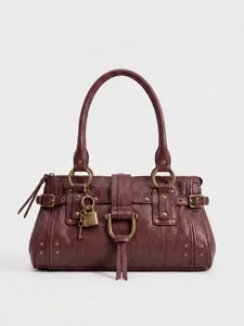 Sac porté épaule rétro rouge foncé Y2K avec cadenas, grand sac cabas élégant pour femme.