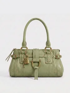Sac à main femme style Y2K grand sac porté épaule vert rétro avec cadenas et clous rivets
