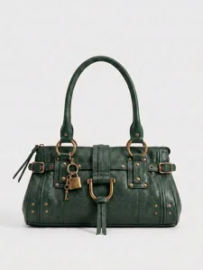 Grand sac à main fourre-tout pour femme style Y2K avec cadenas et clous en métal.