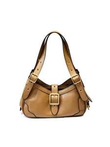 Bolso hobo de moto de cuero marrón retro para mujer, elegante bolso de hombro con hebilla.