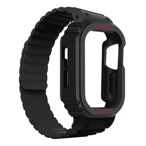 Vista dettagliata della custodia protettiva per orologio in silicone nero e cinturino magnetico.