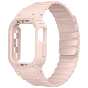 Cinturino magnetico in silicone rosa per orologio e custodia protettiva vista dettaglio.