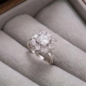 Anillo de racimo de flores de circonita plateada brillante joyeria de moda mujer