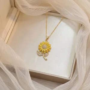 Elegante collar con colgante de girasol dorado y circonitas brillantes joyas de mujer.