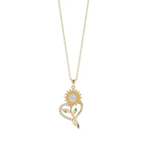 Elegante collar con colgante de girasol y corazón de circonita dorada para mujer.