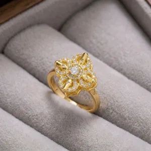 Anillo de flor chapado en oro elegante con circonitas cubicas brillantes joyeria
