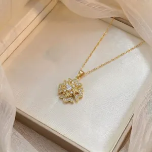 Mujer Oro Plegable Trébol de Cuatro Hojas Collar Zirconia Corazón Colgante Elegante