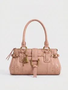 Sac à Main Femme Grande Capacité Y2K Rétro en Cuir PU Sac à Épaule Avec Serrure Rivets Style Moto Sac Sous le Bras Tote Bag Mode