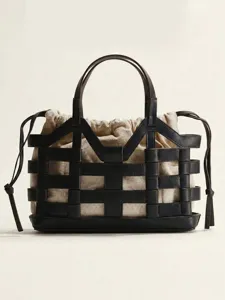 Dames Europees-Amerikaanse Retro Opengewerkt Patchwork Tote Bag Grote Capaciteit PU Leer Emmer Handtas Schoudertas