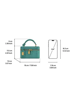 Detailed dimension infographic of the green crocodile textured mini vanity handbag with gold hardware.