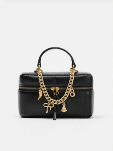 Women Fashion Metal Charm Box Crossbody Bag PU Leather Top Handle Shoulder Bag With Chain Pendant Casual Cosmetic Vanity Purse
