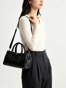 Schwarze Damen Leder Handtasche Schultertasche Umhängetasche mit Gürtelschnalle