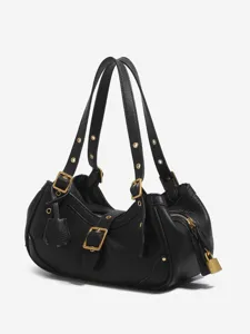 Bolso de hombro de moto negro para mujer, bolso de mano de cuero PU moderno con hebillas elegantes.