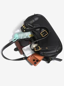Bolso de hombro de cuero negro para mujer, bolso de moda con múltiples compartimentos.