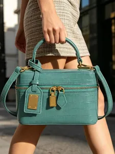 Chic green crocodile pattern mini box bag, elegant top handle crossbody handbag for women.