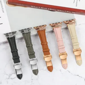Replacement leather watch band compatible with Apple Watch, featuring metal butterfly buckle.