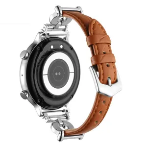 Leren horlogeband in bruin met zilveren hoefijzergesp voor smartwatch detailweergave.