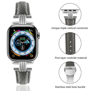 Genuine leather watch strap compatible with Apple Watch, featuring unique connectors.