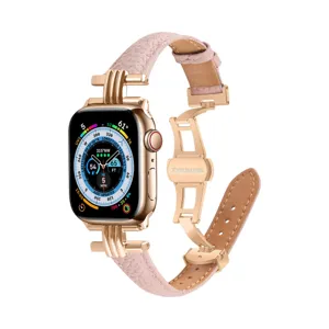 Genuine leather watch band with metal butterfly clasp compatible with Apple Watch rose gold.