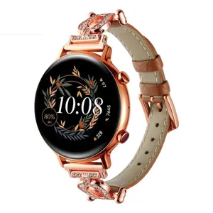 Luxe roségouden smartwatch met strass schakel en echt lederen horlogebandje.