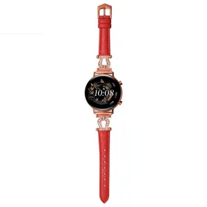 Rood echt lederen horlogebandje met roségouden strass hoefijzergesp voor stijlvolle smartwatches.