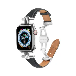 Detailed view of genuine leather watch strap with stainless steel butterfly clasp for smartwatch.