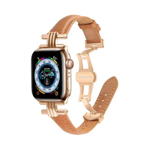 Genuine leather watch strap compatible with Apple Watch, featuring metal butterfly clasp.