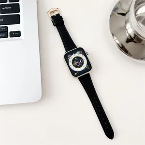 Premium black leather watch strap replacement compatible with smart watch luxury metal buckle accessory