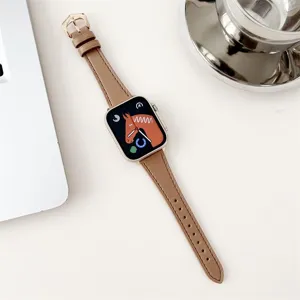 Detail closeup shot of premium khaki leather watch band featuring a rose gold buckle.