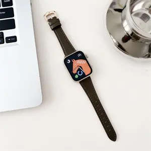 Dark green leather watch strap for Apple Watch with rose gold crown buckle, detailed view.