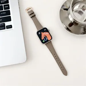 Retro slim leather watch strap with rose gold buckle, compatible with smart watch stylish design.
