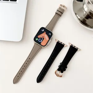 Replacement leather watch strap set compatible with smart watch, vintage slim design with metal buckle.