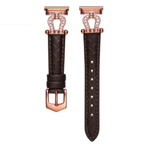 Slanke bruine lederen horlogeband met strass hoefijzergesp voor smartwatches.
