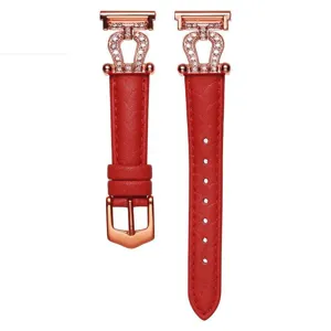 Rode lederen horlogeband met roségouden strass hoefijzergesp compatibel met smartwatch