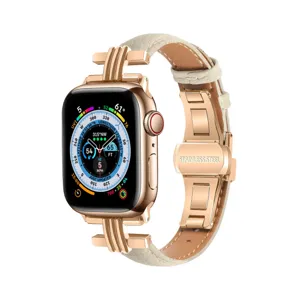 Metal and leather watch band compatible with Apple Watch, rose gold stainless steel and beige strap.