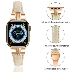 Genuine Leather Litchi Pattern Watch Band With Triple Vertical Connector Stainless Steel Butterfly Buckle Strap