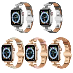 Genuine leather watch band compatible with Apple Watch, metal butterfly buckle, stylish accessory.