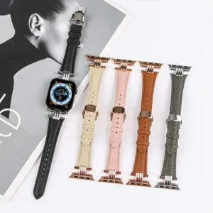 Leather watch strap compatible with Apple Watch, featuring metal buckle and connectors.