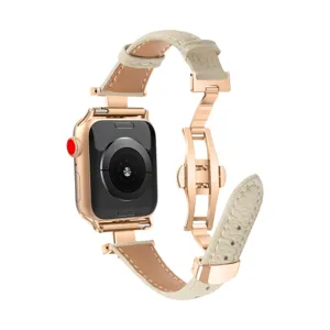 Replacement leather strap and case for Apple Watch, chic beige band with rose gold butterfly clasp.