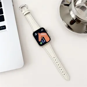 Retro white leather smart watch strap with metal crown buckle, elegant slim design for daily wear.