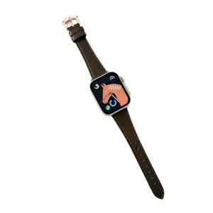 Vintage dark green leather smartwatch strap with elegant crown buckle compatible style.
