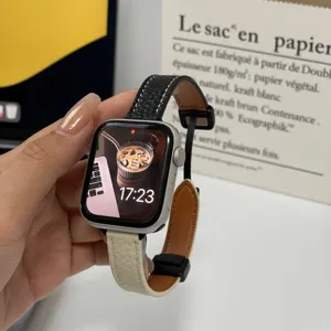 Close-up of the stylish contrast litchi pattern leather magnetic strap for Apple Watch.