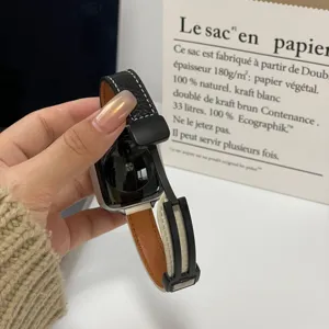 Contrast color litchi grain leather magnetic strap compatible with Apple Watch.