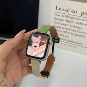 Detailed view of color-blocking litchi pattern leather magnetic watch strap for apple watch.
