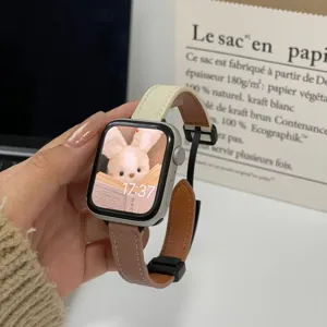 Two-tone litchi pattern leather magnetic watch band replacement strap compatible with Apple Watch SE 8 7