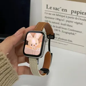 Close-up view of stylish contrasting color leather magnetic strap for Apple Watch.