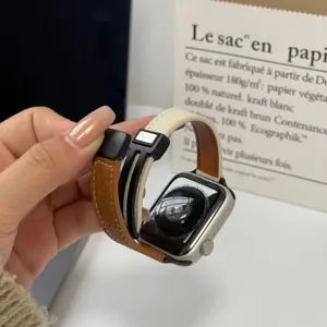 Detail view of slim contrast leather magnetic watch strap compatible with Apple Watch Series.