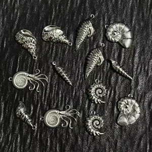 Gros plan de pendentifs coquillages et fossiles océan argentés pour accessoires de bijoux.